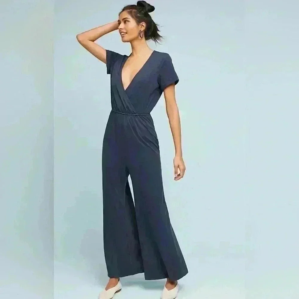 Anthropologie Navy Wrap-Style Wide-Leg Jumpsuit